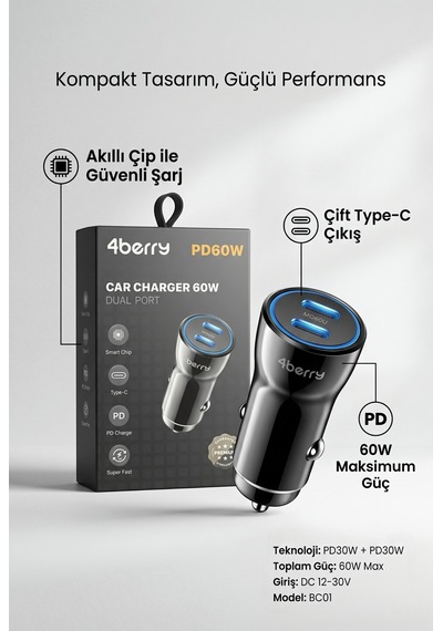 Bc01 Pd60w Dual Port Type-c Araç Şarj Cihazı 60w Max Süper Hızlı Şarj Adaptörü