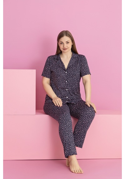 Rindahomewear Büyük Beden Minik Yıldız Desen Milan Düğmeli Pijama Takımı Lacivert1