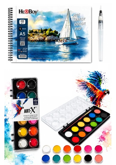 A5 Sulu Boya Defteri 300g/m2 12 Yaprak Art-x Premium 12'li Sulu Boya Bu Tablet Suluboya Set Karışık