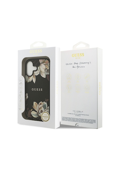 Apple Uyumlu iPhone 17 Kılıf Guess Lisanslı M-safeli Taneli Çiçek Tasarımlı Metal Yazı Logolu Kapak Siyah Siyah