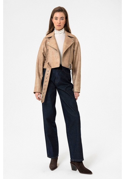 Antioch Kadın Suni Deri Crop Biker Ceket Bej
