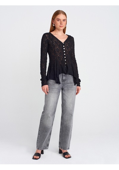 Dilvin 60433 Düğmeli Peplum Dantel Hırka-siyah Siyah