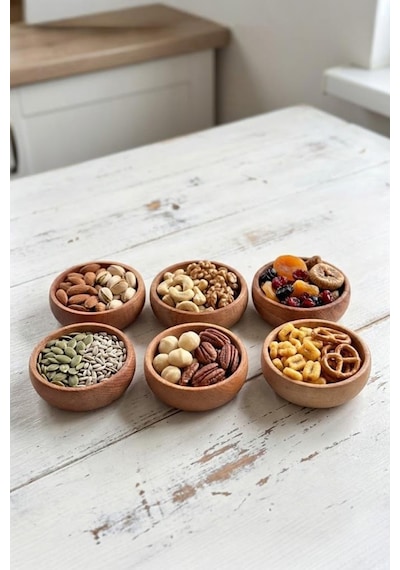 Atbyhome 6 Parça Doğal Kayın Ağacı Ahşap Çerezlik Kaseler - 10 Cm Kahvaltılık Ve Mezze Sosluk Seti Bambu