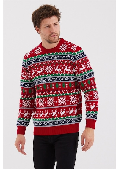 Erkek Kırmızı-yeşil-beyaz Christmas Yılbaşı Kazağı-noelkzkr200s Kırmızı-yeşil-beyaz