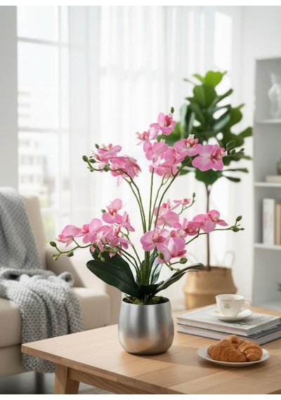 Yapay Çiçek Pembe 9 Dallı Islak Orkide Gümüş Metal Saksıda Saksıda Orkide 60cm Pembe