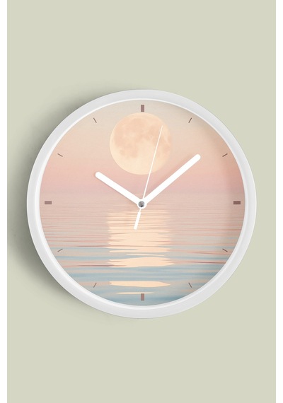 Soyut - Bohem - Doğa - Deniz Manzaralı Modern Duvar Saati - 35cm - Önü Camlı Beyaz Kasa Beyaz