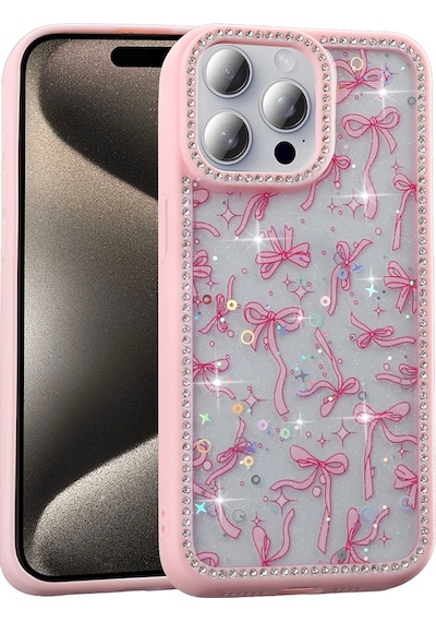 Apple Uyumlu iPhone 15 Pro Max Kılıf Taşlı Ve Simli Tasarım Mkst Azra Kapak - Pembe Pembe