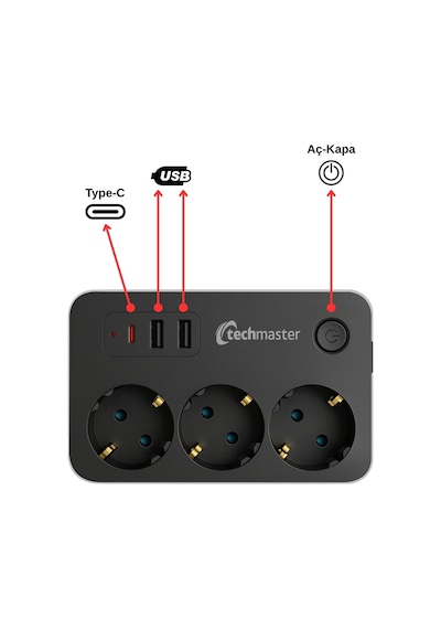 Techmaster 2 Usb + Type-c Akım Ve Çocuk Korumalı 3lü Kare Priz 2mt Diğer