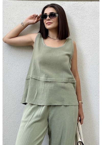 WeShaya Haki İthal Müslin Kumaş, Basic, Katlı, Salaş Askılı Bluz & Atlet Haki