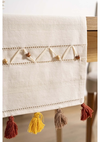 Rivaistanbul Ruffle Boncuk & Püsküllü %100 Pamuklu Ham Keten Runner 50x130 Cm Bej