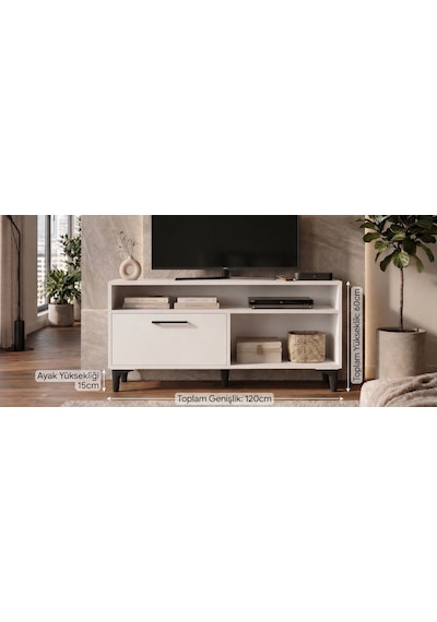 Modern Beyaz Tv Ünitesi 120 Cm - Ayaklı Ve Duvara Monte Edilebilir Çift Yönlü Kullanım