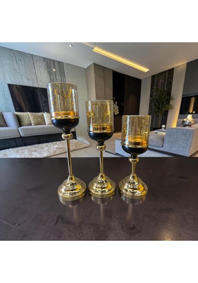 Noir Gold Şamdan Mumluk Seti Siyah & Altın Modern 3 Lü Lüks Masa Üstü Dekoratif Aksesuar Altın