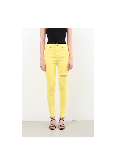 Kadın Yırtık Detaylı Jean Pantolon Sarı 001