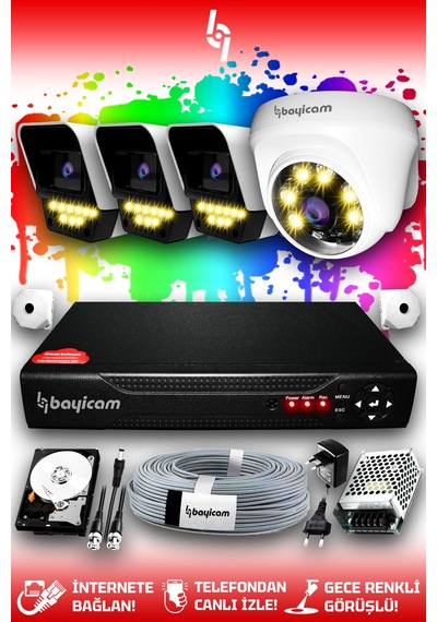 Bayicam 4 Kameralı Süper 1 İç Kamera Set 100 GB 5 MP 2K Renkli Gece Görüşlü Güvenlik Kamerası Sistemi