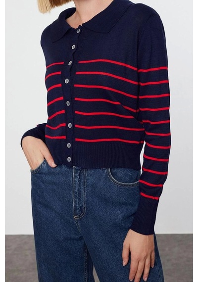 Ersefa Kadın Modern Tarz Regular Polo Yaka Regular Triko Hırka Lacivert