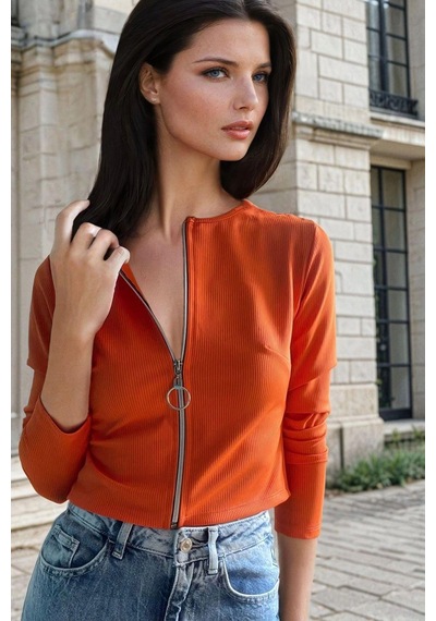 WeShaya Oranj, Crop, Fermuar Detaylı, Basic Bluz Oranj