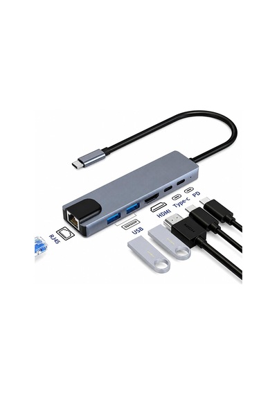 Type-c To 4k Hdmı Hub 6 İn 1 Rj45 Lan 2 X Usb 3.0 Type-c Girişli Bilgisayarlar Ve Apple MacBook Uyumlu İle Uyumlu Çoklayıcı, Çevirici 6 İn 1 Adaptör Port Sku: Zeusb08ct5pq89