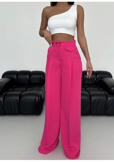 Defymoda Üç Düğme Detayli Palazzo Pantolon Fuşya