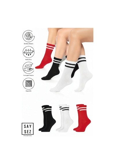 Saysez Bambu Unisex Tenis Kolej Çizgili Siyah-beyaz-kırmızı Premium Dikişsiz Soket Çorap 3'lü Paket Siyah