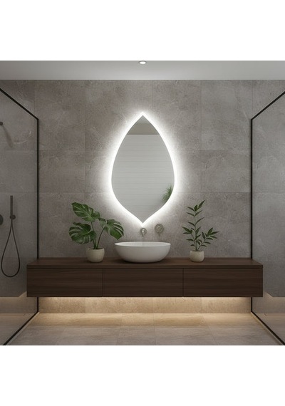 70x120 Cm Damla Form Led Ayna Dokunmatik, Dim Edilebilir, 6500 Beyaz Işık Modern Duvar Aynası Beyaz