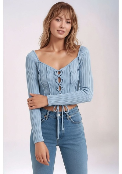 Mamayaga Kadın Yuvarlak Yaka Önden Bağcıklı Uzun Kol Fitilli Crop Boy Spor Şık Bluz Buz Mavisi Mamayaga Kadın Yuvarlak Yaka Önden Bağcıklı Uzun Kol Fitilli Crop Boy Spor Şık Bluz Buz Mavisi