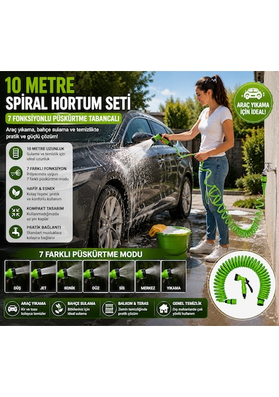 10 Metre Spiral Bahçe Hortumu Seti 7 Fonksiyonlu Püskürtme Tabancalı Sulama Ve Temizlik Seti Yeşil