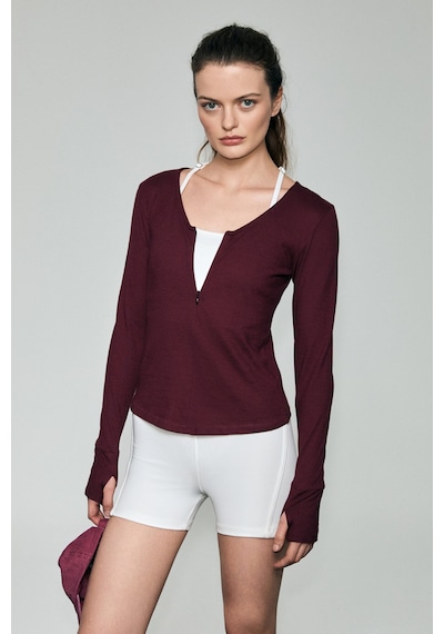 Grımelange Polunea Kadın V Yakalı Önü Fermuar Kapamalı Vücuda Oturan Slim Fit Bordo Bluz bordo