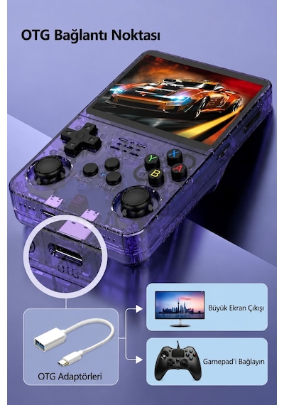 3.5 Inç Otg Çıkışlı Taşınabilir Retro Oyun Konsolu 15000+ Oyunlu El Atari Şeffaf Mor