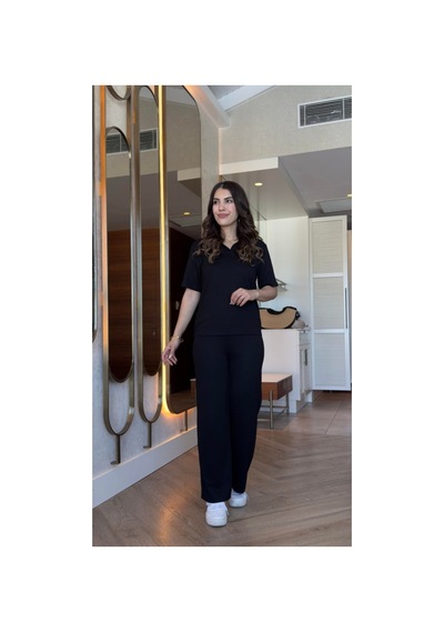 Butik İstanbul Kadın Kısa Kollu Yakalı Viskon Iki Iplik Bluz Ve Pantolon Ikili Takım Siyah