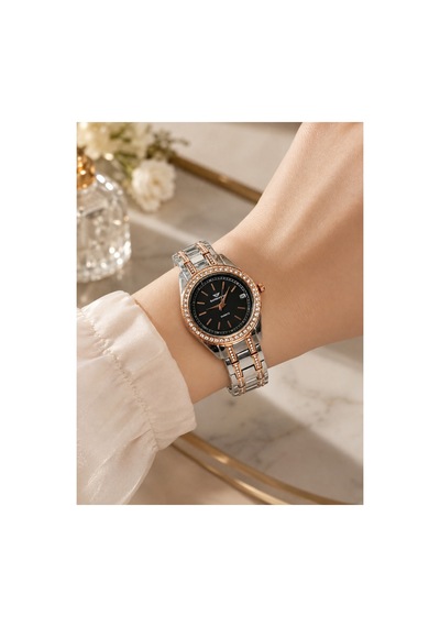 Çift Sıra Taşlı Kadın Kol Saati Takvimli Rosegold - 916381880 Rose Gold