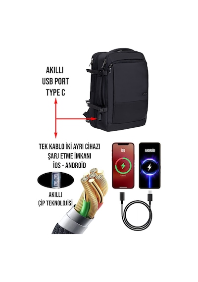 Dada USB Type-C Girişli Fonksiyonel Laptop Sırt ve Seyahat Çantası Siyah 15,6 İnç 40 Litre
