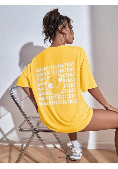 Flood Of Style Kadın Sarı Wish Happy Everyday Baskılı Oversize T-shirt