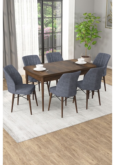 Arel Barok Desen 80x132 Açılabilir Mdf Masa Yemek Odası Takımı, Mutfak Takımı 6 Adet Sandalye Barok Masa - 6 Füme - Ceviz Ayak Arel Barok Desen 80x132 Açılabilir Mdf Masa Yemek Odası Takımı, Mutfak Takımı 6 Adet Sandalye Barok Masa - 6 Füme - Ceviz Ayak