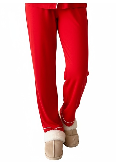 Merlot Kırmızı Düğmeli Biyeli Uzun Pijama Takımı