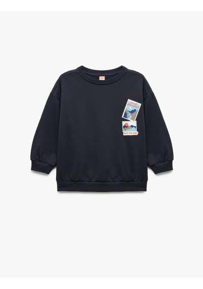 Koton Uzun Kollu Bisiklet Yaka Baskılı Pamuklu Sweatshirt Lacivert 6wmb10036tk Lacivert