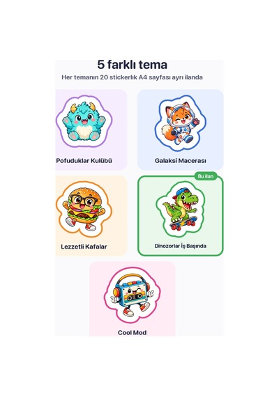 Dinozorlar İş Başında 20 Adet Mini Dinozor Sticker Çıkartma A4 Kırtasiye Etiketi Çok Renkli