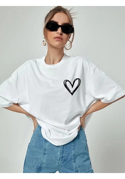 Primemagazam Kadın Tişört Bisiklet Yaka Baskılı Oversize T-shirt - Beyaz Çeşitli