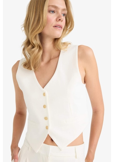 Defacto Crop V Yaka Keten Karışımlı Blazer Yelek C7798ax25smer105 Ekru