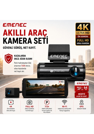 Emenec Eak-4100 4k Ultra Hd Akıllı Çift Araç İçi Kameras Seti - Türkçe Menü Ve Uygulama, Gps, Wi-fi, Park Modu + 64gb Kart