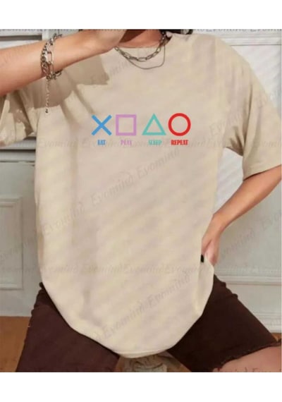 Kozia Outdoors Malkoçbey Play Game Baskılı Oversize Unisex Basic T-şihirt Bej Bej