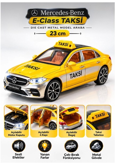 Oyuncak Taksi Mercedes Benz S680 V12 Maybach Sesli Işıklı Çek Bırak Açılabilir Kapılar Metal Kasa 23cm Sarı