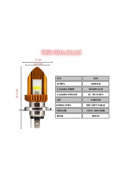 H4 Motosiklet Led Far Ampul 12-24v Beyaz 1 Adet 12w 1200lm Metal Gövde Soğutma
