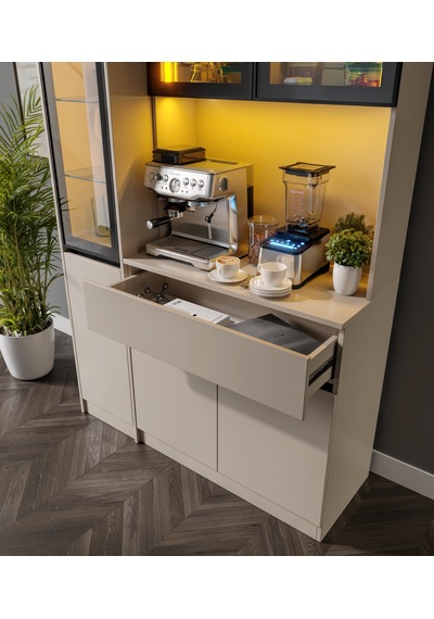 Viona Kum Beji Midi Sol Vitrinli Komple Mdf Led Aydınlatmalı Kahve Köşesi Bej