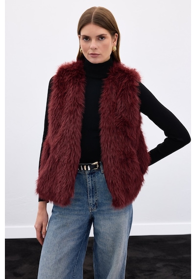 Sateen Kolsuz Uzun Yelek - Bordo-136640 Bordo