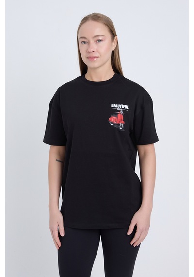 Velvoria Unisex Oversize Beautıful Ride Baskılı Siyah Renk T-shirt
