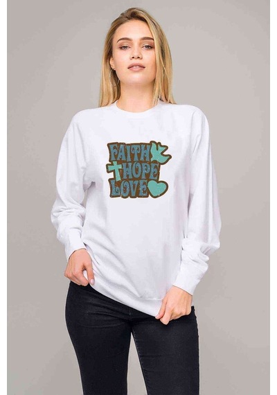 Love Hope Faith Baskılı Beyaz Kadın Sweatshirt (528344332)