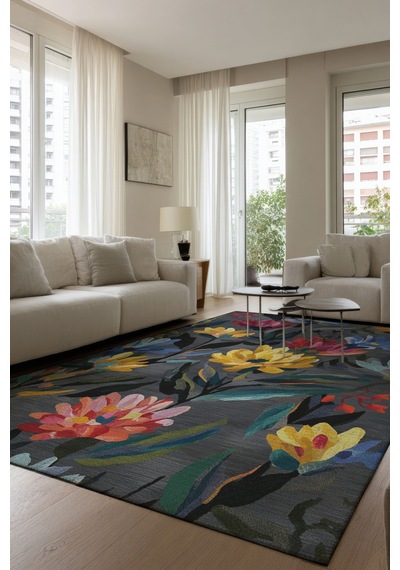 Fiora 231 Gri Renkli Çiçekli Modern Halı Yıkanabilir Dokuma Taban Salon Mutfak Oturma Odası Halısı Gri Çok Renkli