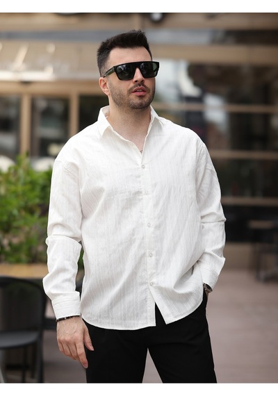 Yeni Sezon Eşref Tek Hafif Oversize Uzun Kollu Likralı Ütü İstemez Trend Çizgili Gömlek Beyaz Kndn Çzgl