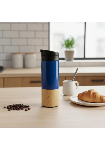 450 Ml Bambu Kaplamalı Çelik Termos - Siyah, Mavi Ve Kırmızı Renk Seçenekli Sızdırmaz Isı Yalıtımlı Seyahat Termosu Mavi Çok Renkli