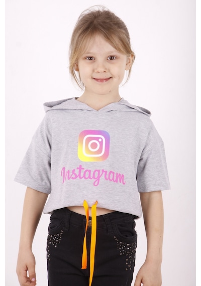 Toontoy Kids Toontoy Kız Çocuk Instagram Baskılı Kapüşonlu Tişört Gri Melanj